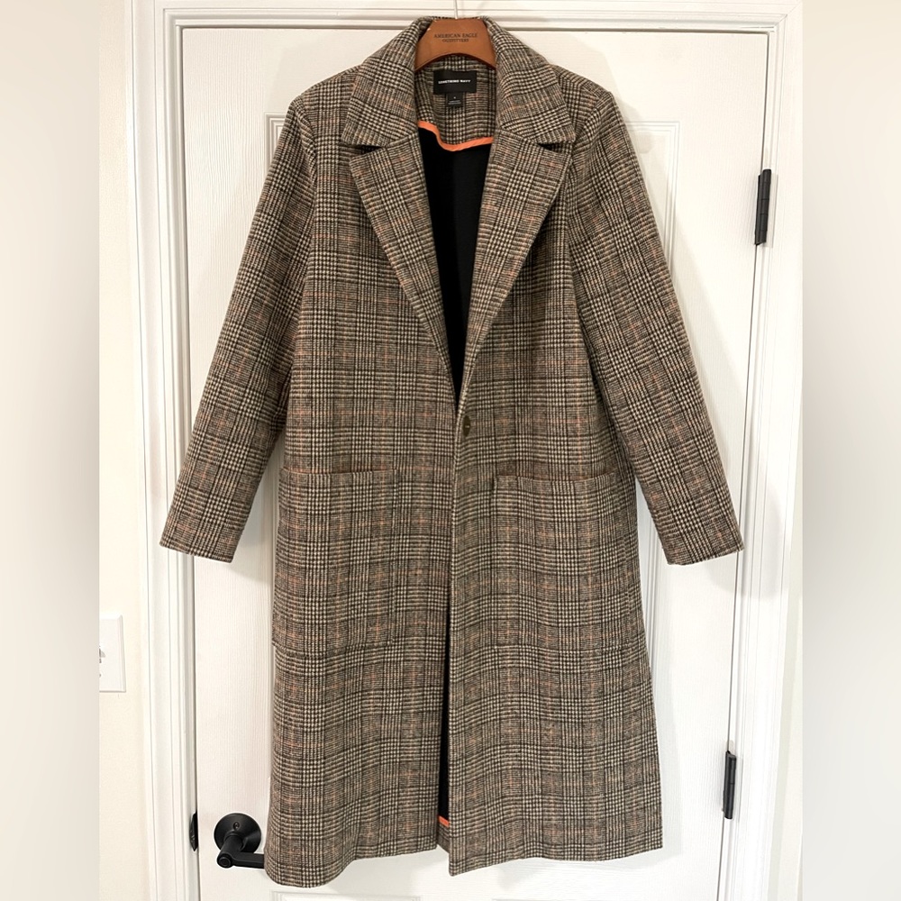 Something Navy Plaid Overcoat, Size Small